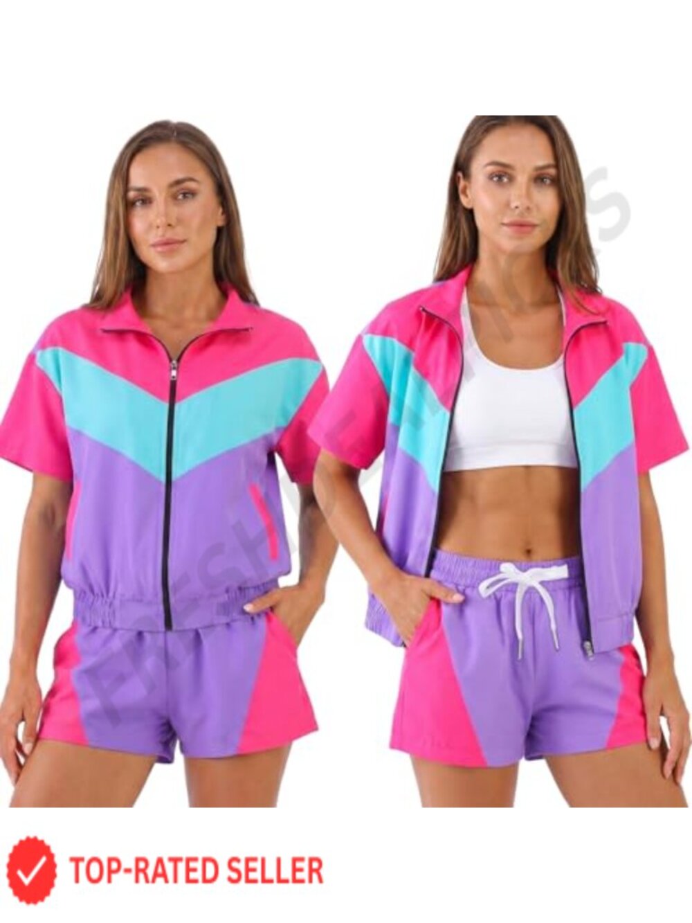 2 Piece Short Sleeve Windbreaker Tracksuit Set Zip Up Retro 90s Athletic